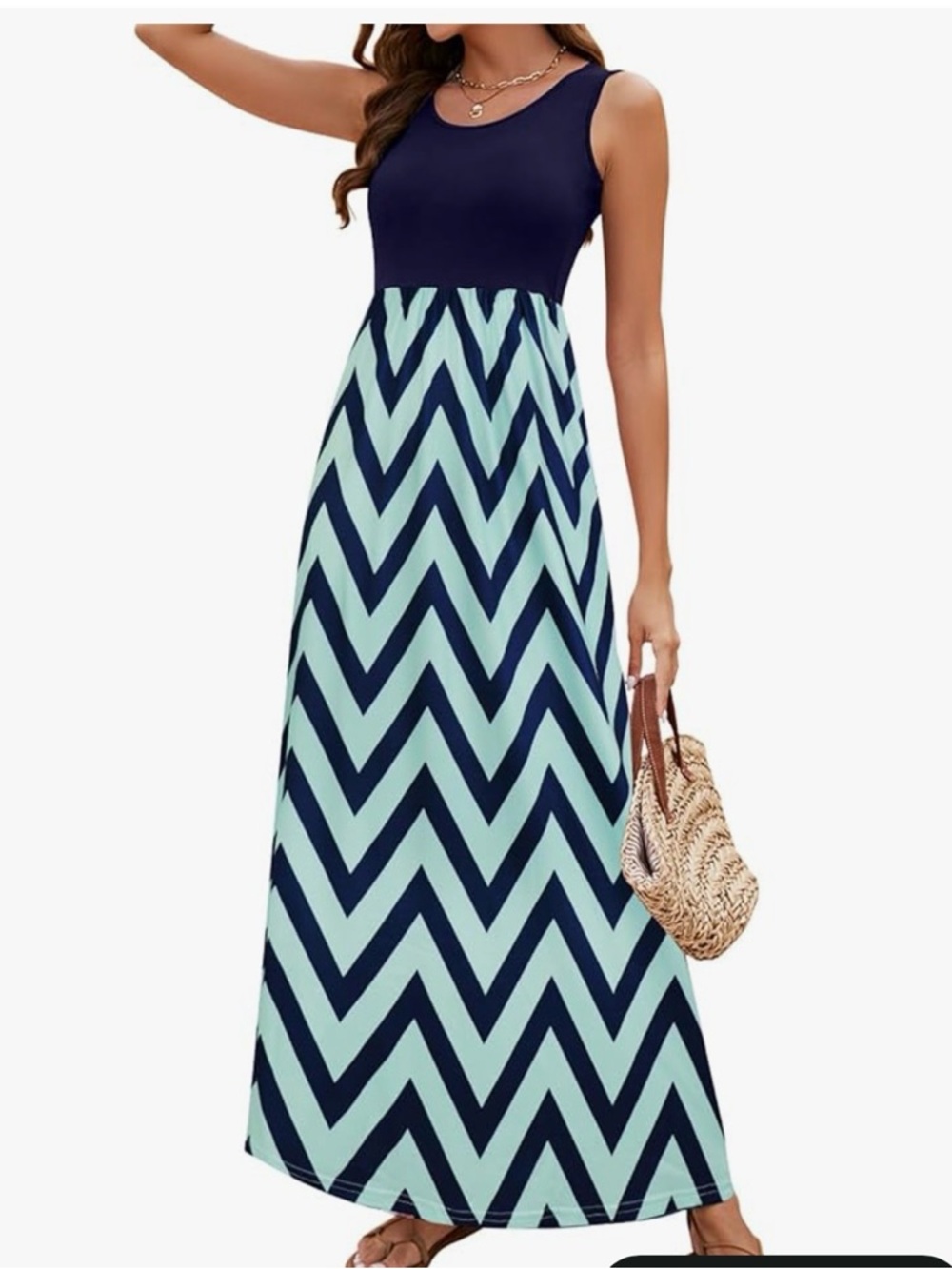 Sleeveless Navy and Aqua Chevron Maxi Dress